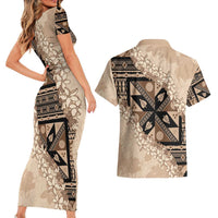 Bula Fiji Plumeria Tagimoucia Salusalu Beige Couples Matching Short Sleeve Bodycon Dress and Hawaiian Shirt Kaiviti Masi - Polynesian Pride