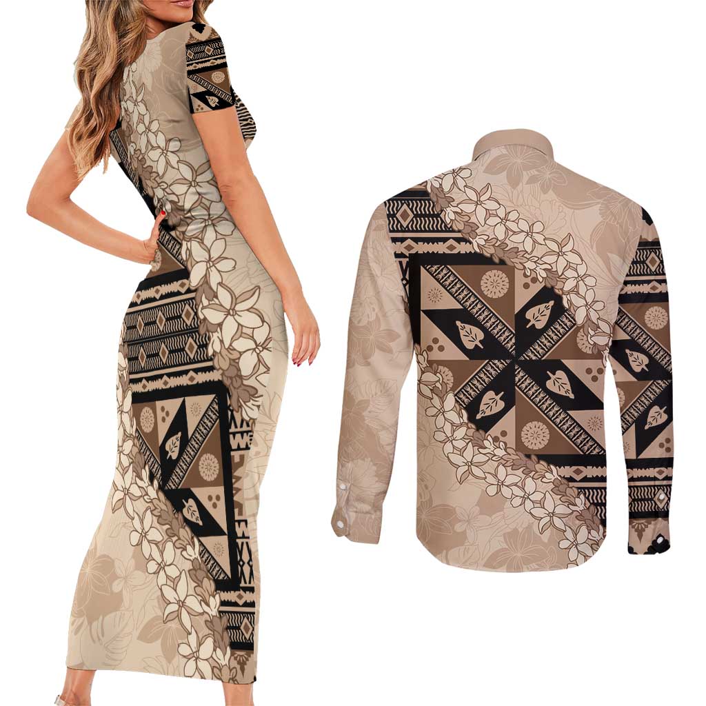 Bula Fiji Plumeria Tagimoucia Salusalu Beige Couples Matching Short Sleeve Bodycon Dress and Long Sleeve Button Shirt Kaiviti Masi - Polynesian Pride