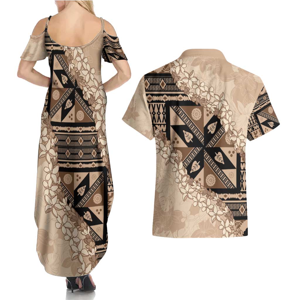Bula Fiji Plumeria Tagimoucia Salusalu Beige Couples Matching Summer Maxi Dress and Hawaiian Shirt Kaiviti Masi - Polynesian Pride