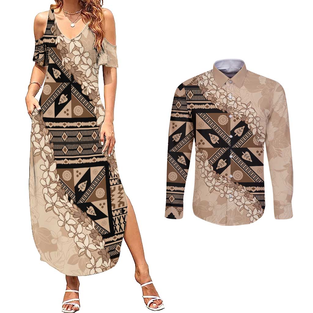 Bula Fiji Plumeria Tagimoucia Salusalu Beige Couples Matching Summer Maxi Dress and Long Sleeve Button Shirt Kaiviti Masi - Polynesian Pride