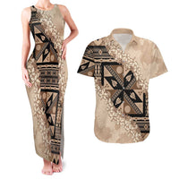 Bula Fiji Plumeria Tagimoucia Salusalu Beige Couples Matching Tank Maxi Dress and Hawaiian Shirt Kaiviti Masi - Polynesian Pride