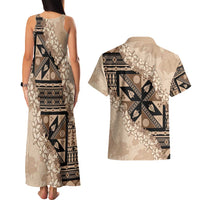 Bula Fiji Plumeria Tagimoucia Salusalu Beige Couples Matching Tank Maxi Dress and Hawaiian Shirt Kaiviti Masi - Polynesian Pride