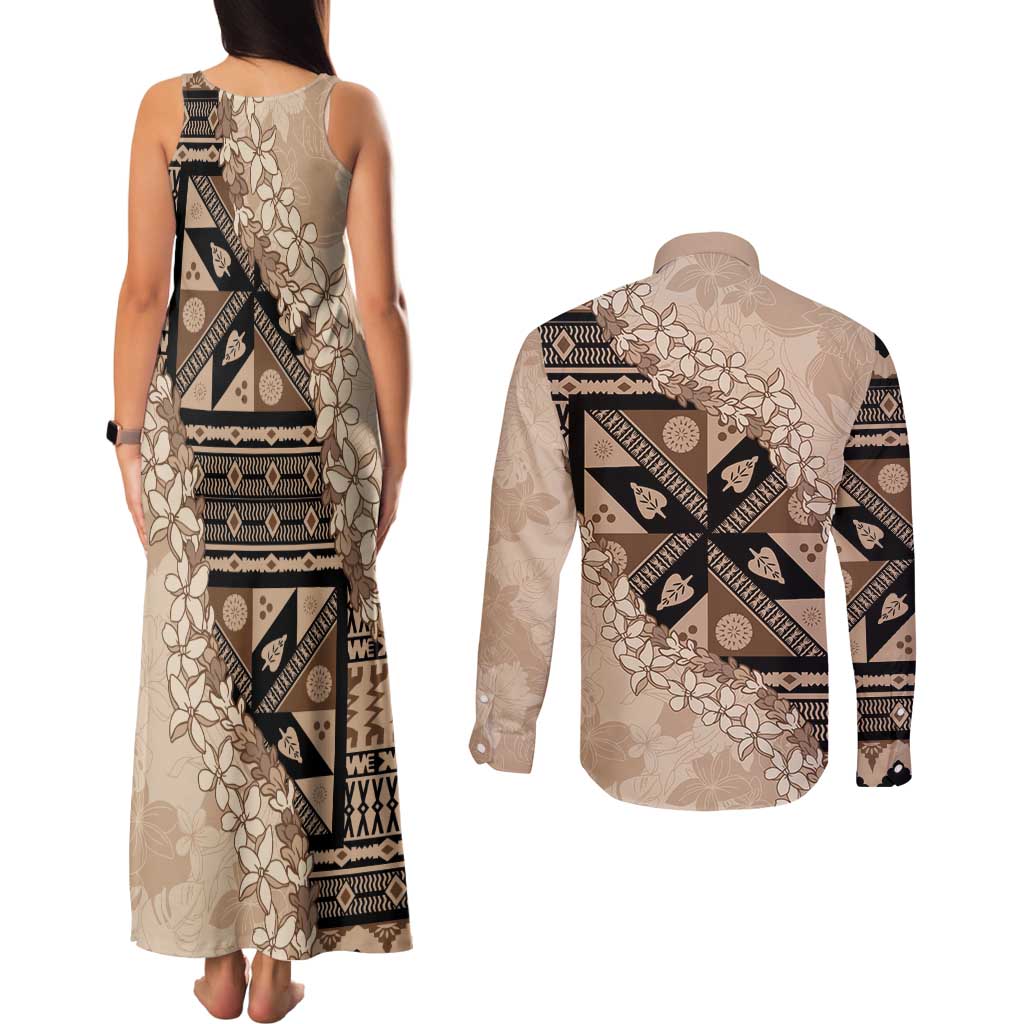 Bula Fiji Plumeria Tagimoucia Salusalu Beige Couples Matching Tank Maxi Dress and Long Sleeve Button Shirt Kaiviti Masi - Polynesian Pride