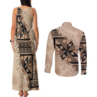 Bula Fiji Plumeria Tagimoucia Salusalu Beige Couples Matching Tank Maxi Dress and Long Sleeve Button Shirt Kaiviti Masi - Polynesian Pride