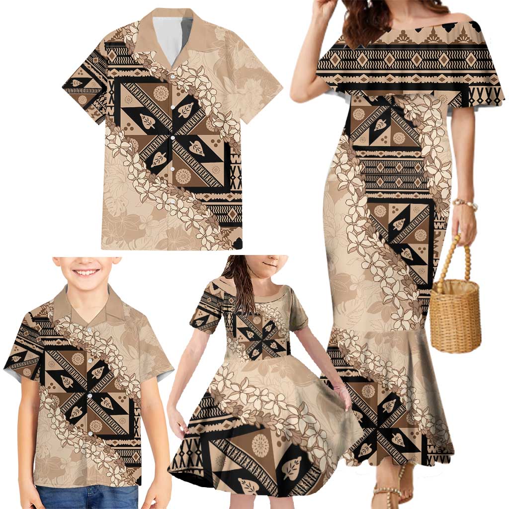 Bula Fiji Plumeria Tagimoucia Salusalu Beige Family Matching Mermaid Dress and Hawaiian Shirt Kaiviti Masi - Polynesian Pride