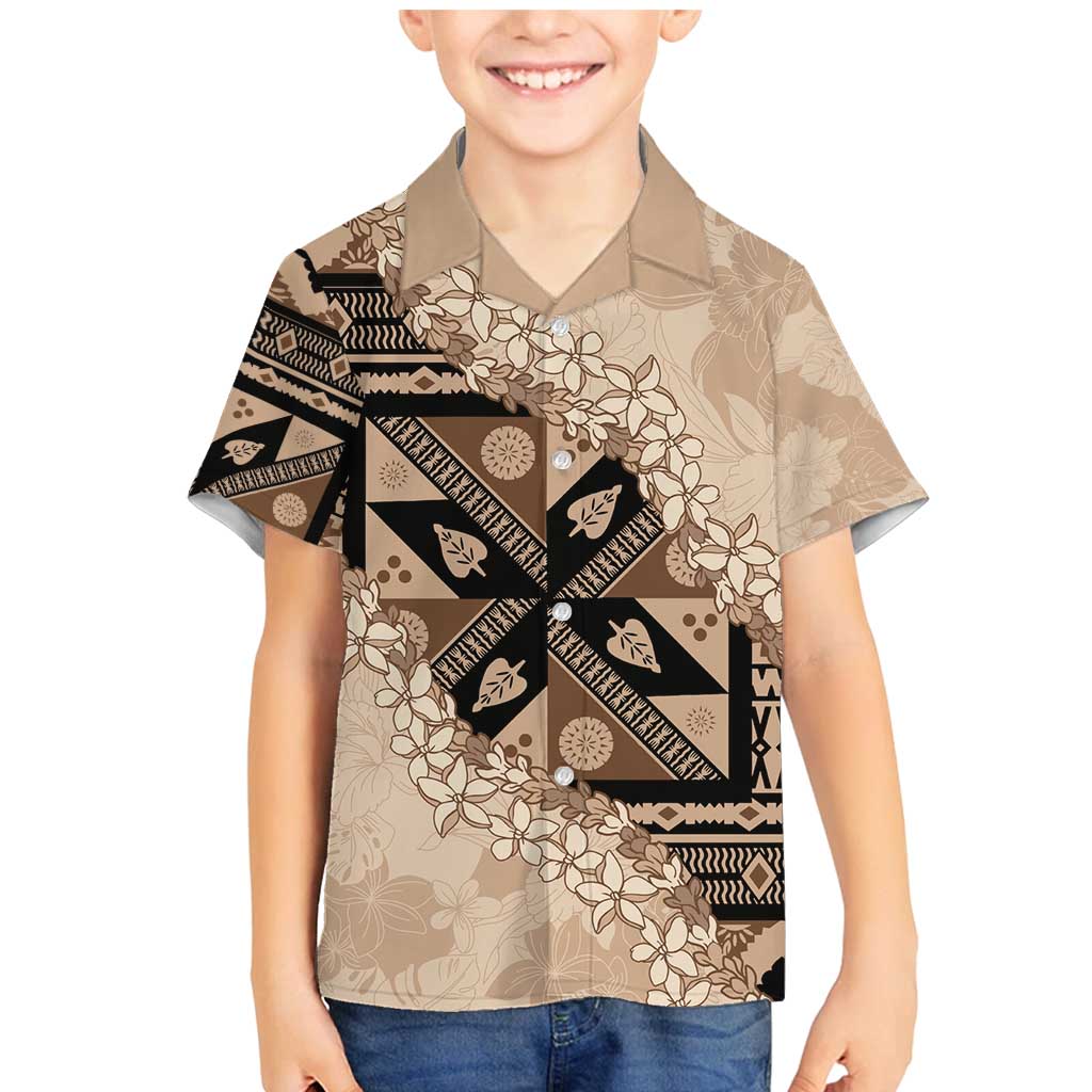 Bula Fiji Plumeria Tagimoucia Salusalu Beige Family Matching Mermaid Dress and Hawaiian Shirt Kaiviti Masi - Polynesian Pride