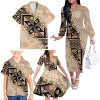 Bula Fiji Plumeria Tagimoucia Salusalu Beige Family Matching Off The Shoulder Long Sleeve Dress and Hawaiian Shirt Kaiviti Masi - Polynesian Pride