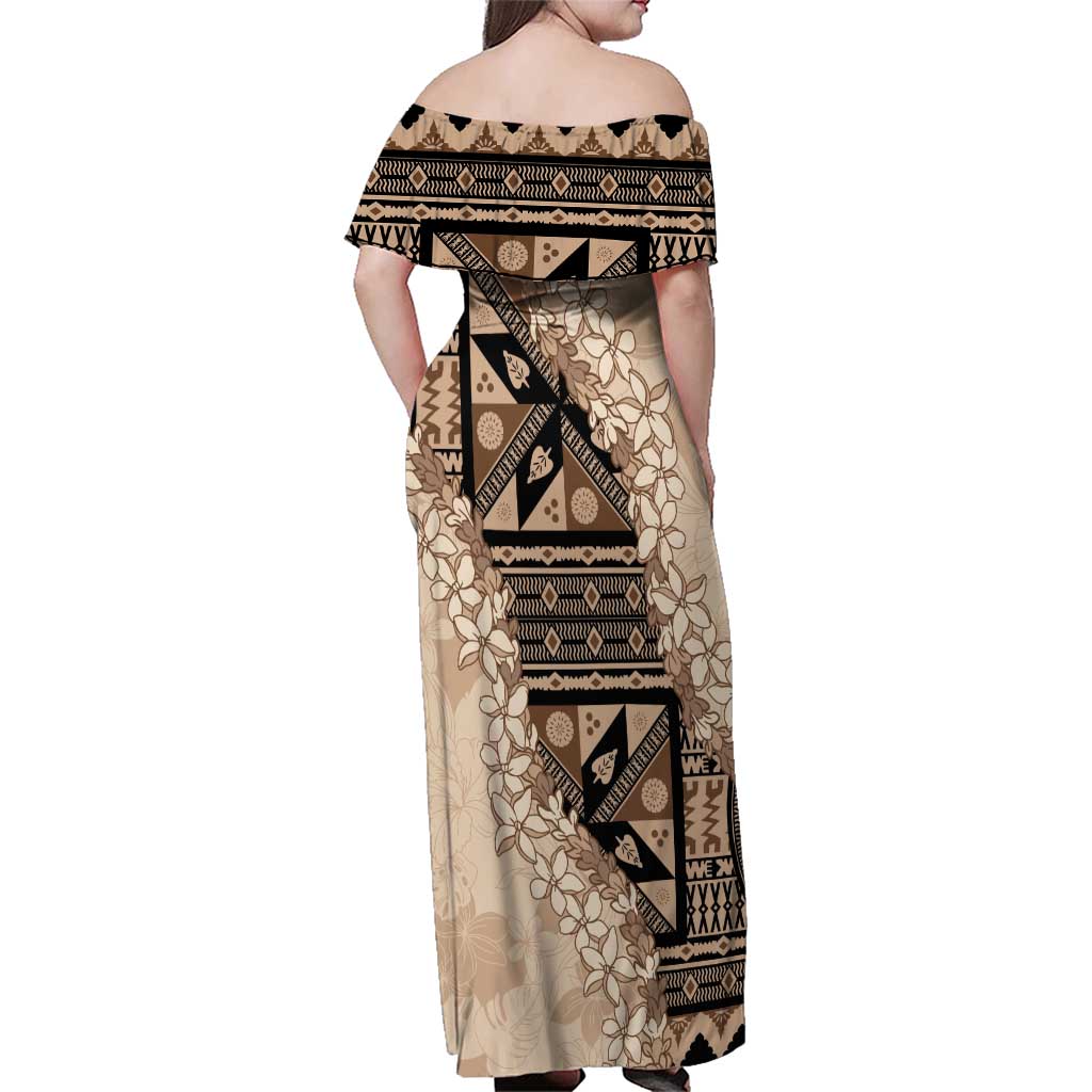 Bula Fiji Plumeria Tagimoucia Salusalu Beige Family Matching Off Shoulder Maxi Dress and Hawaiian Shirt Kaiviti Masi - Polynesian Pride