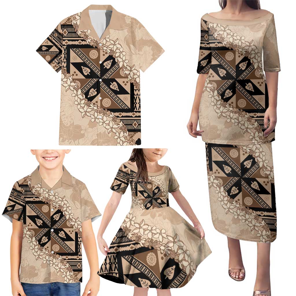 Bula Fiji Plumeria Tagimoucia Salusalu Beige Family Matching Puletasi and Hawaiian Shirt Kaiviti Masi - Polynesian Pride