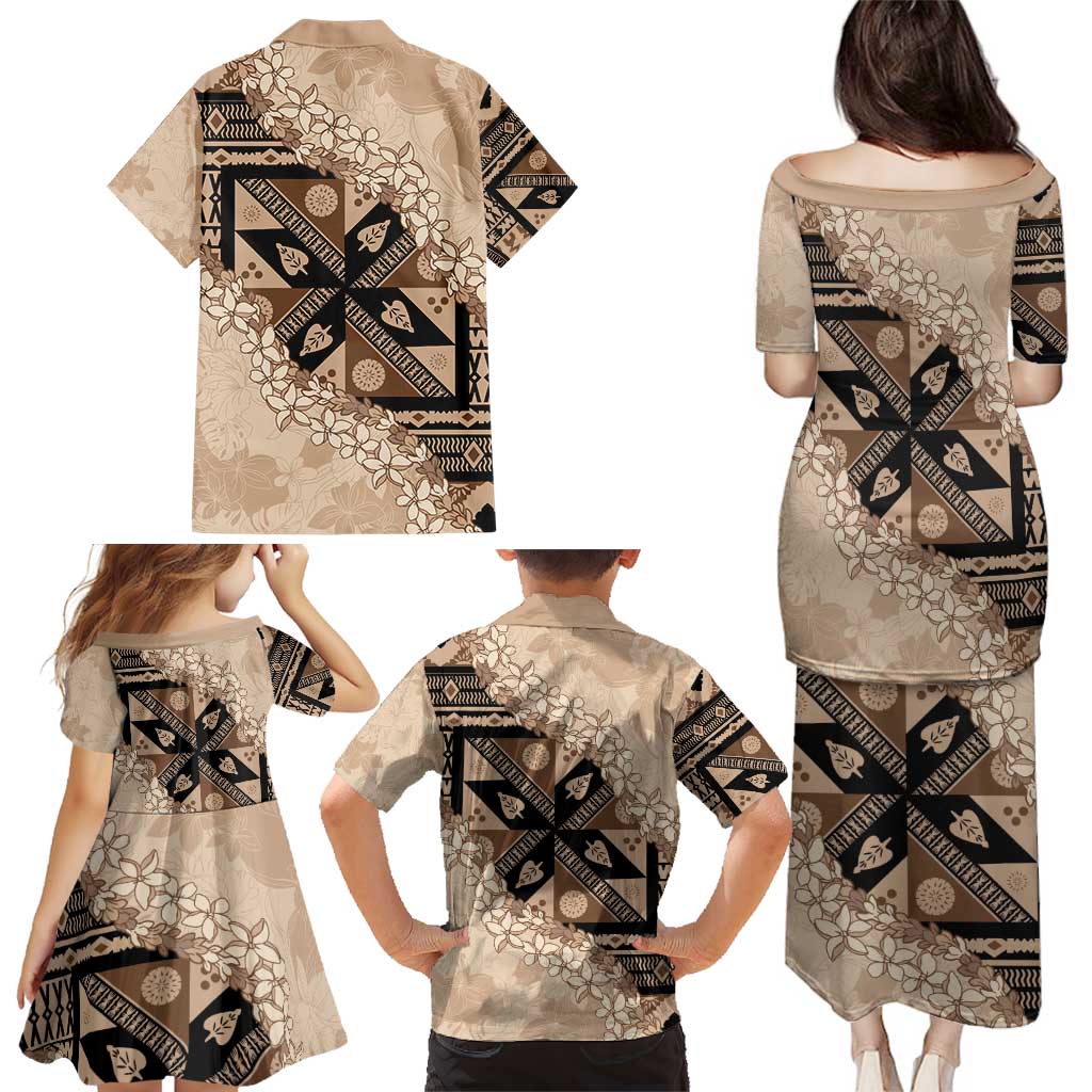 Bula Fiji Plumeria Tagimoucia Salusalu Beige Family Matching Puletasi and Hawaiian Shirt Kaiviti Masi - Polynesian Pride