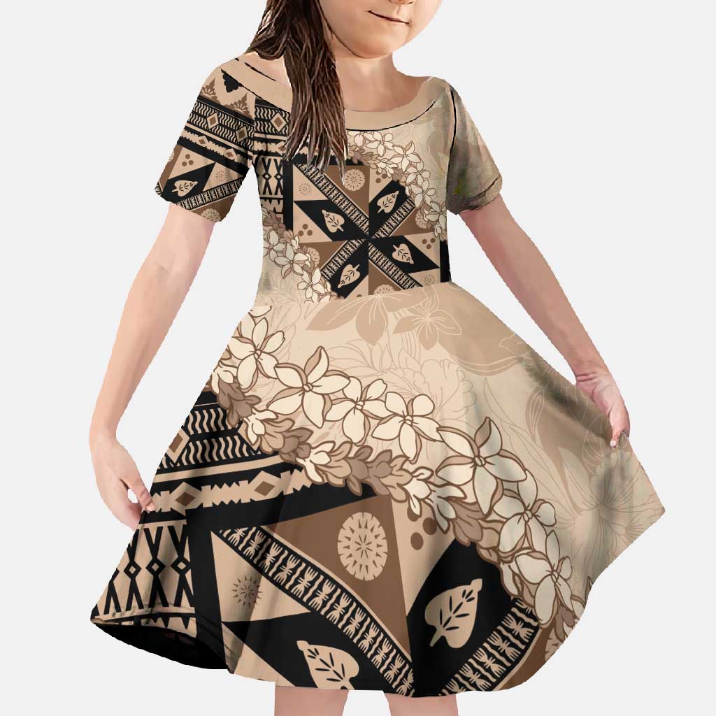 Bula Fiji Plumeria Tagimoucia Salusalu Beige Family Matching Short Sleeve Bodycon Dress and Hawaiian Shirt Kaiviti Masi - Polynesian Pride