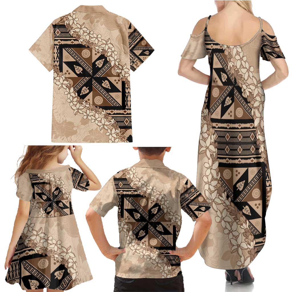 Bula Fiji Plumeria Tagimoucia Salusalu Beige Family Matching Summer Maxi Dress and Hawaiian Shirt Kaiviti Masi - Polynesian Pride