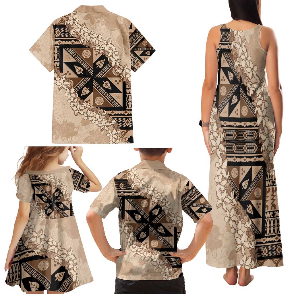 Bula Fiji Plumeria Tagimoucia Salusalu Beige Family Matching Tank Maxi Dress and Hawaiian Shirt Kaiviti Masi - Polynesian Pride