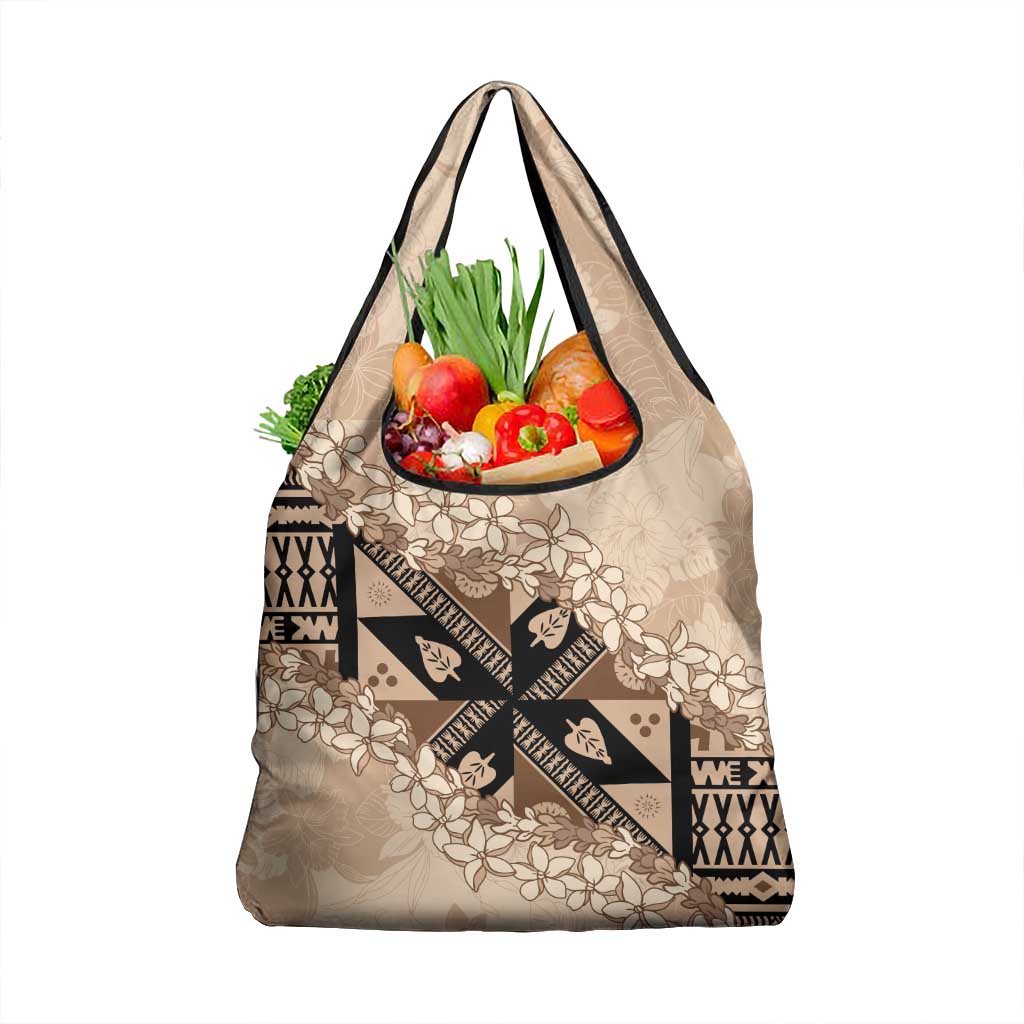 Bula Fiji Plumeria Tagimoucia Salusalu Beige Grocery Bag Kaiviti Masi - Polynesian Pride