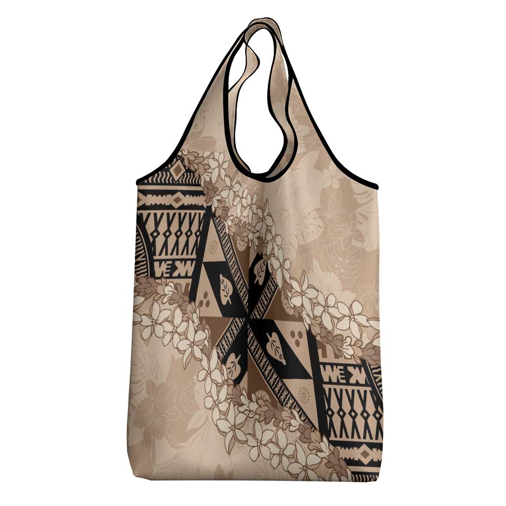 Bula Fiji Plumeria Tagimoucia Salusalu Beige Grocery Bag Kaiviti Masi - Polynesian Pride