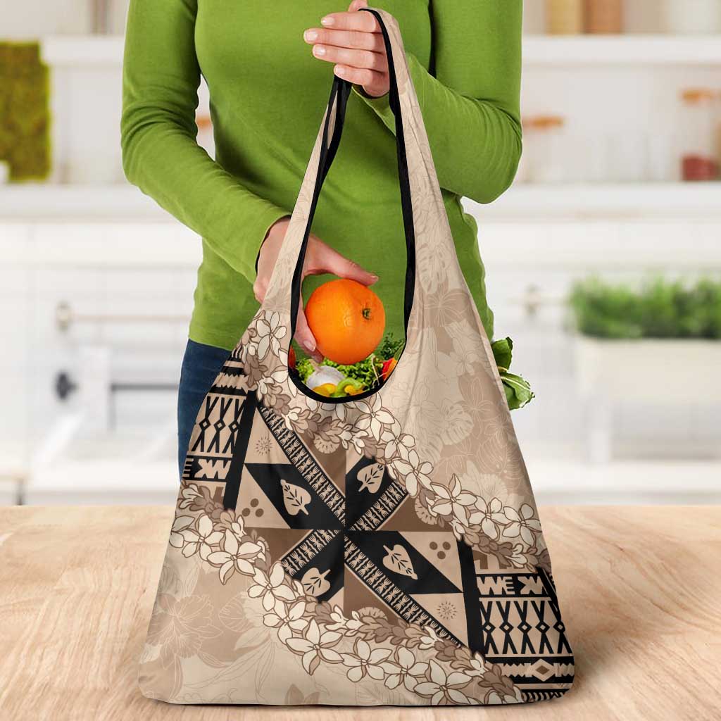 Bula Fiji Plumeria Tagimoucia Salusalu Beige Grocery Bag Kaiviti Masi - Polynesian Pride