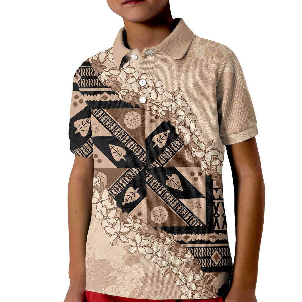 Bula Fiji Plumeria Tagimoucia Salusalu Beige Kid Polo Shirt Kaiviti Masi - Polynesian Pride