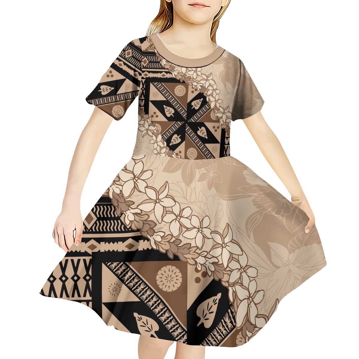 Bula Fiji Plumeria Tagimoucia Salusalu Beige Kid Short Sleeve Dress Kaiviti Masi - Polynesian Pride