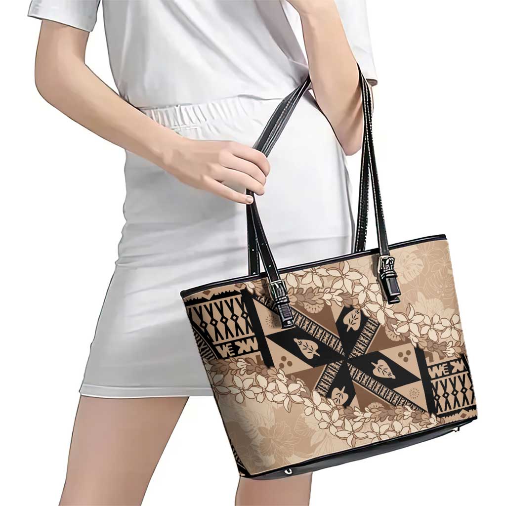 Bula Fiji Plumeria Tagimoucia Salusalu Beige Leather Tote Bag Kaiviti Masi - Polynesian Pride