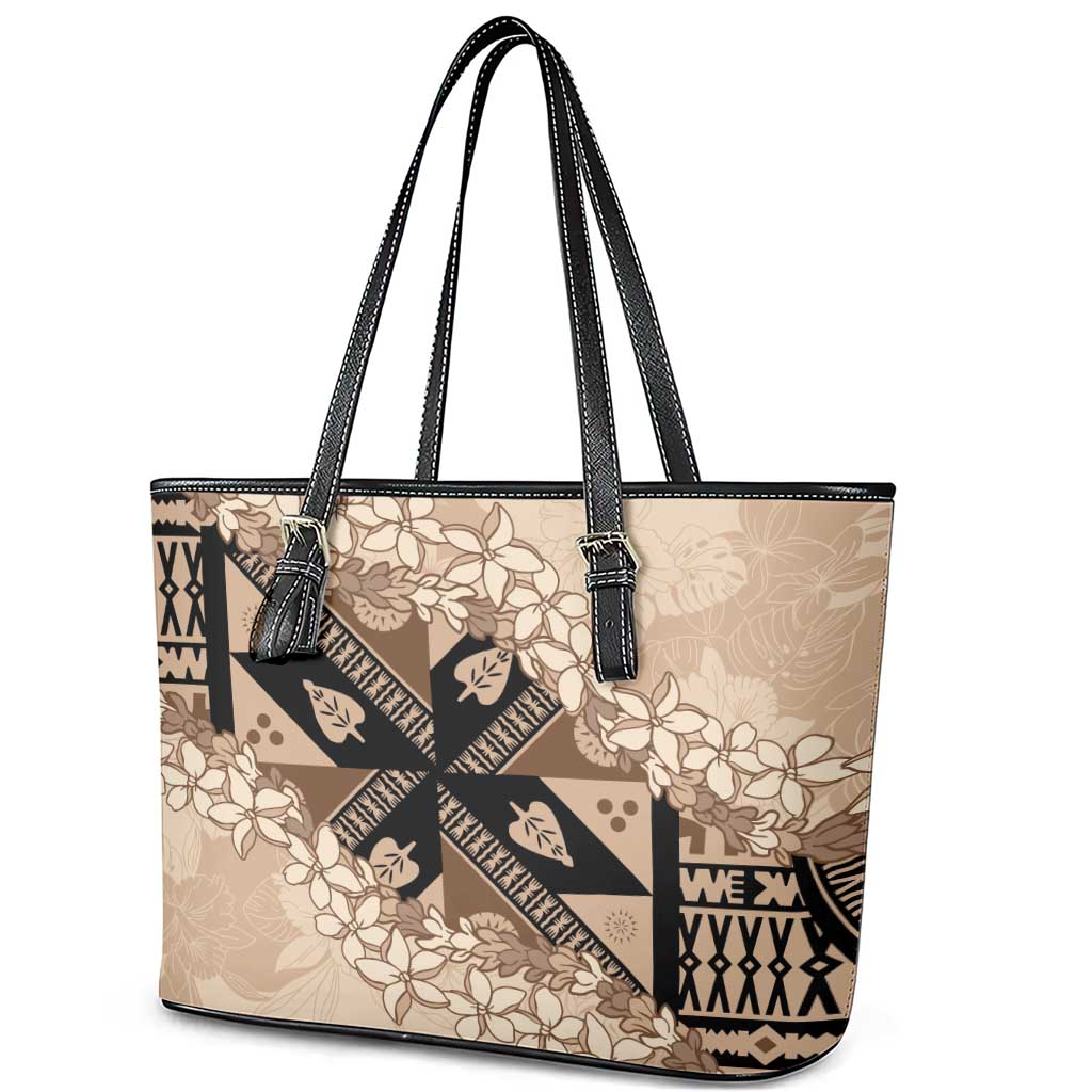Bula Fiji Plumeria Tagimoucia Salusalu Beige Leather Tote Bag Kaiviti Masi - Polynesian Pride