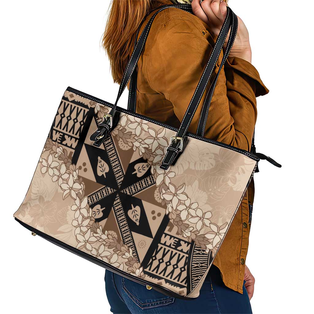 Bula Fiji Plumeria Tagimoucia Salusalu Beige Leather Tote Bag Kaiviti Masi - Polynesian Pride