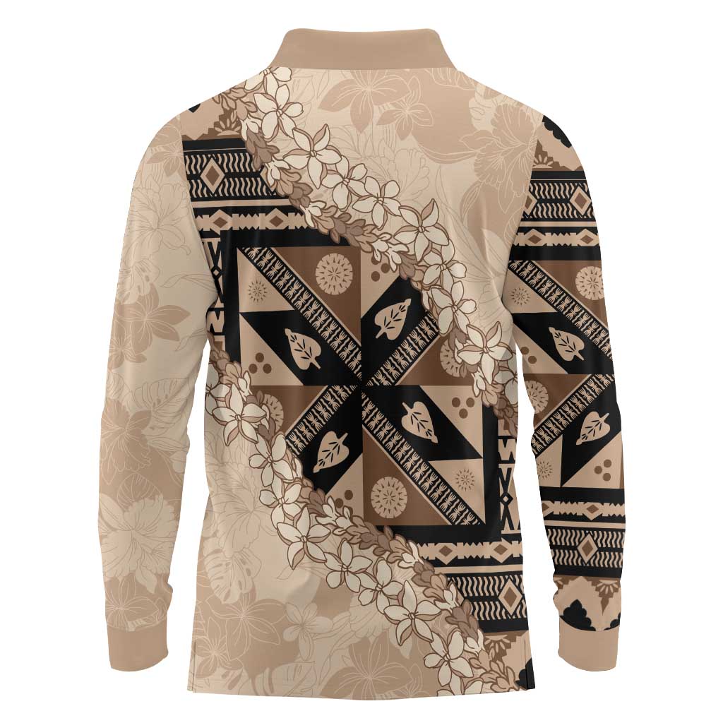 Bula Fiji Plumeria Tagimoucia Salusalu Beige Long Sleeve Polo Shirt Kaiviti Masi - Polynesian Pride