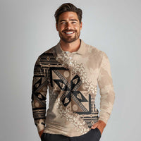 Bula Fiji Plumeria Tagimoucia Salusalu Beige Long Sleeve Polo Shirt Kaiviti Masi - Polynesian Pride