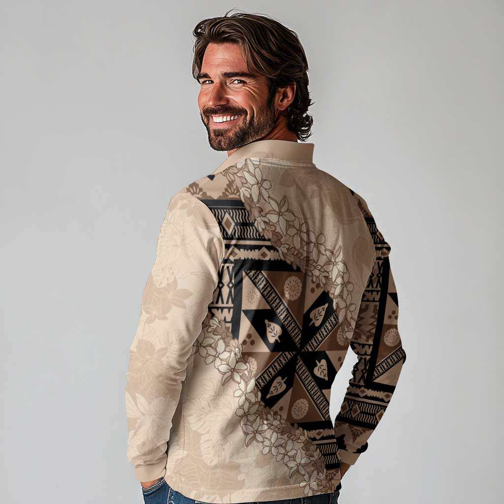 Bula Fiji Plumeria Tagimoucia Salusalu Beige Long Sleeve Polo Shirt Kaiviti Masi - Polynesian Pride