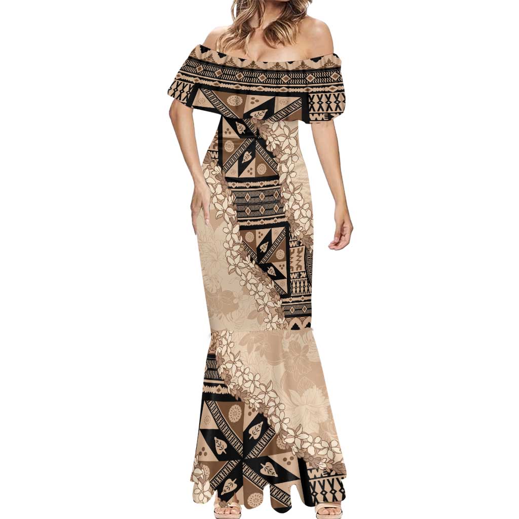 Bula Fiji Plumeria Tagimoucia Salusalu Beige Mermaid Dress Kaiviti Masi - Polynesian Pride
