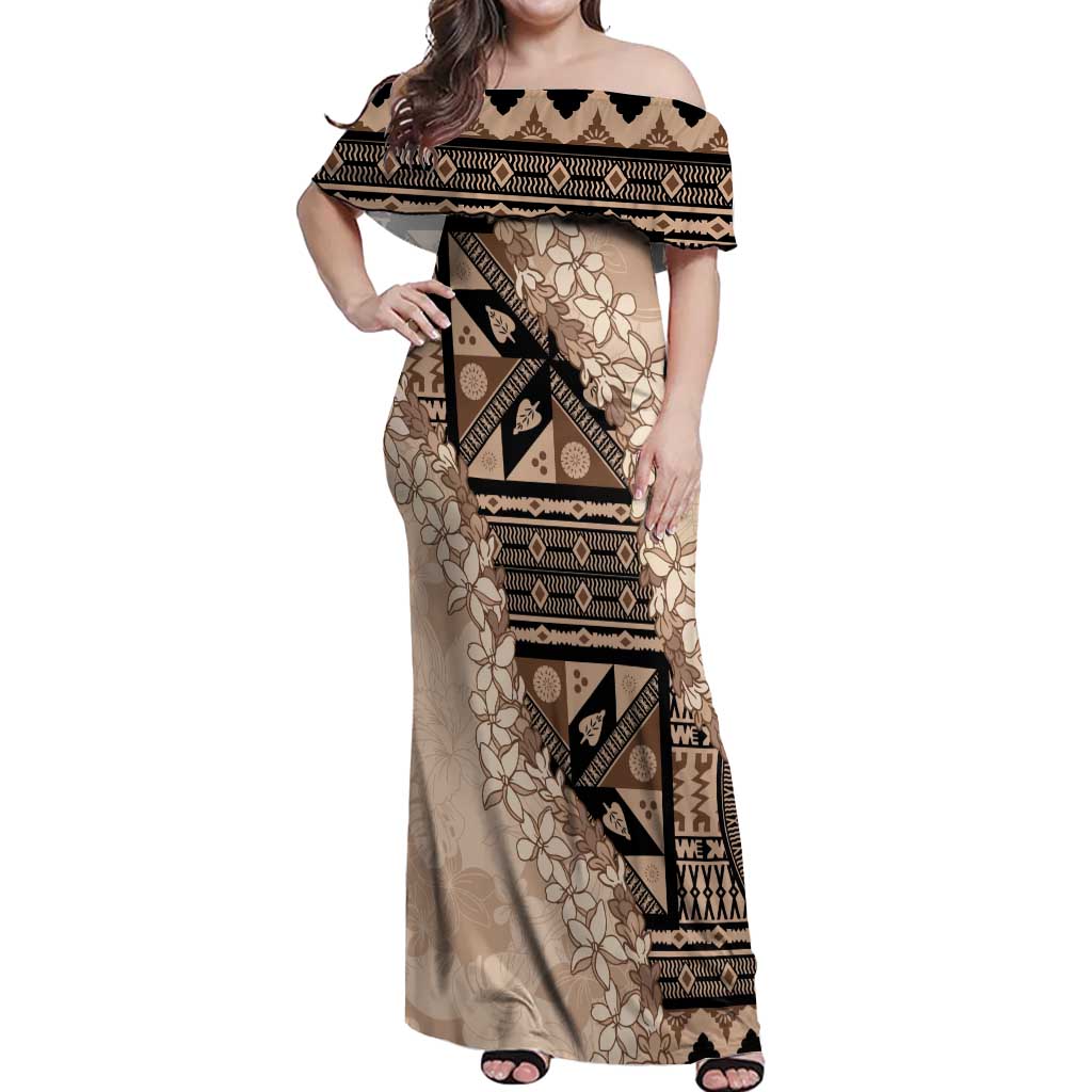 Bula Fiji Plumeria Tagimoucia Salusalu Beige Off Shoulder Maxi Dress Kaiviti Masi - Polynesian Pride