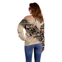 Bula Fiji Plumeria Tagimoucia Salusalu Beige Off Shoulder Sweater Kaiviti Masi - Polynesian Pride