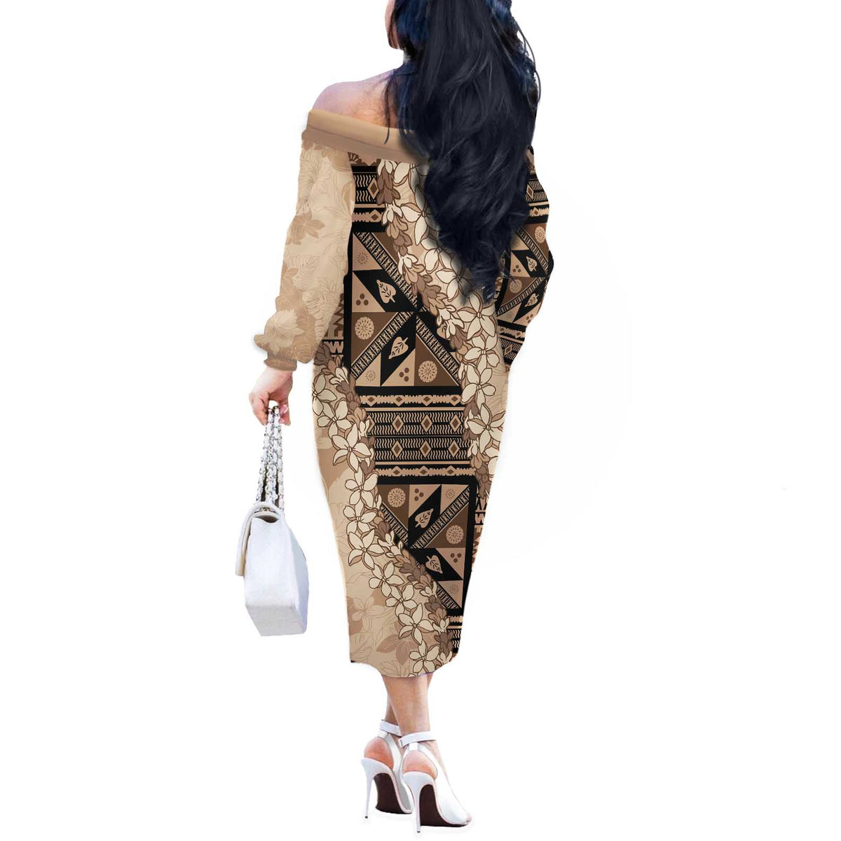 Bula Fiji Plumeria Tagimoucia Salusalu Beige Off The Shoulder Long Sleeve Dress Kaiviti Masi - Polynesian Pride