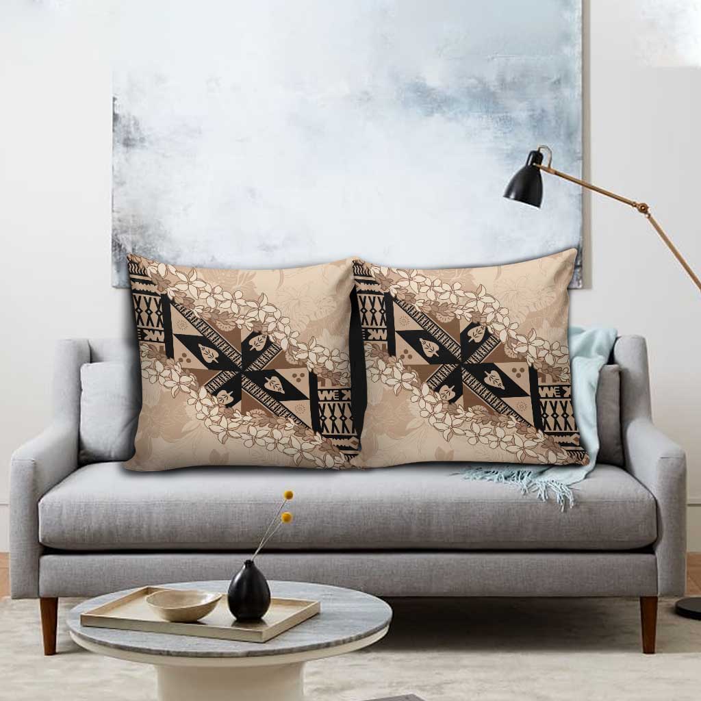 Bula Fiji Plumeria Tagimoucia Salusalu Beige Pillow Cover Kaiviti Masi - Polynesian Pride
