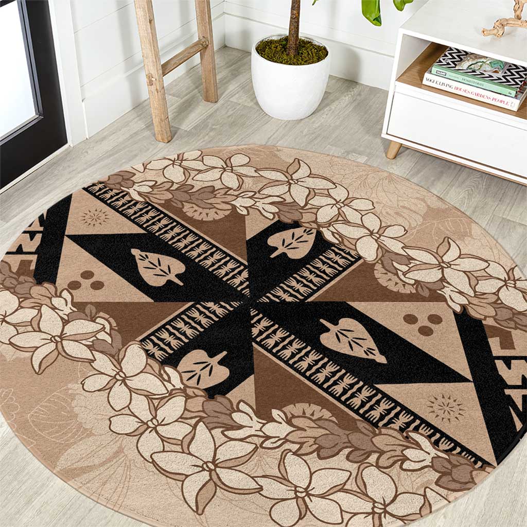 Bula Fiji Plumeria Tagimoucia Salusalu Beige Round Carpet Kaiviti Masi - Polynesian Pride