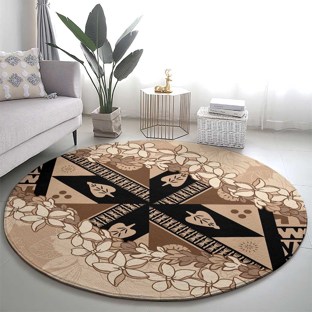 Bula Fiji Plumeria Tagimoucia Salusalu Beige Round Carpet Kaiviti Masi LT7 - Polynesian Pride
