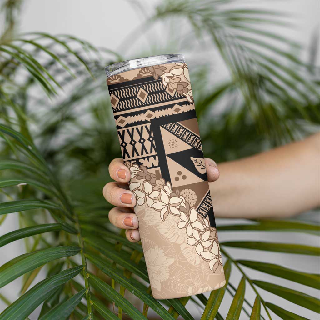 Bula Fiji Plumeria Tagimoucia Salusalu Beige Skinny Tumbler Kaiviti Masi - Polynesian Pride