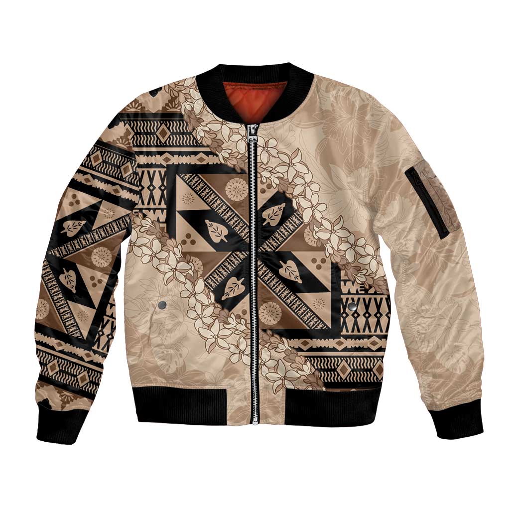 Bula Fiji Plumeria Tagimoucia Salusalu Beige Sleeve Zip Bomber Jacket Kaiviti Masi - Polynesian Pride