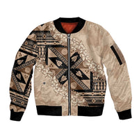 Bula Fiji Plumeria Tagimoucia Salusalu Beige Sleeve Zip Bomber Jacket Kaiviti Masi - Polynesian Pride