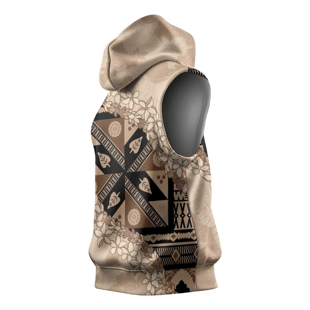 Bula Fiji Plumeria Tagimoucia Salusalu Beige Sleeveless Hoodie Kaiviti Masi - Polynesian Pride