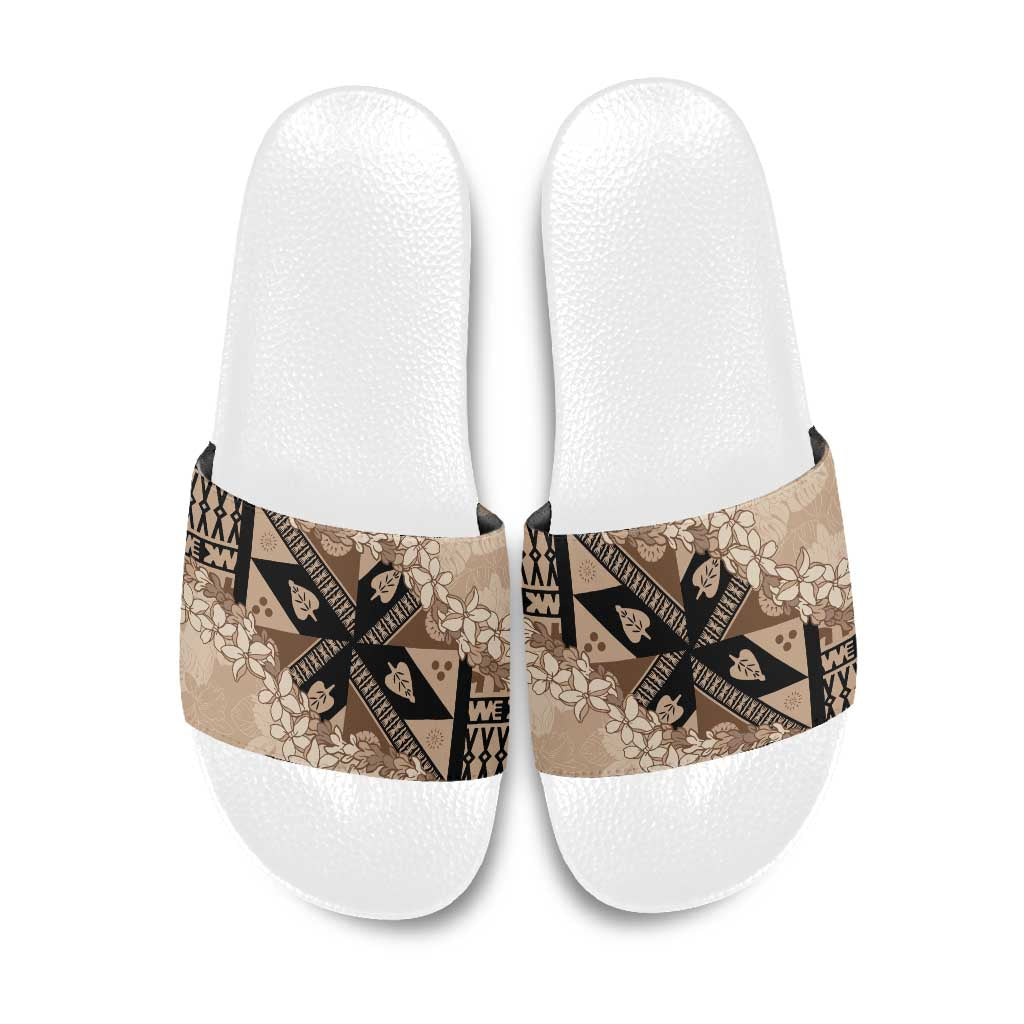 Bula Fiji Plumeria Tagimoucia Salusalu Beige Slide Sandals Kaiviti Masi - Polynesian Pride