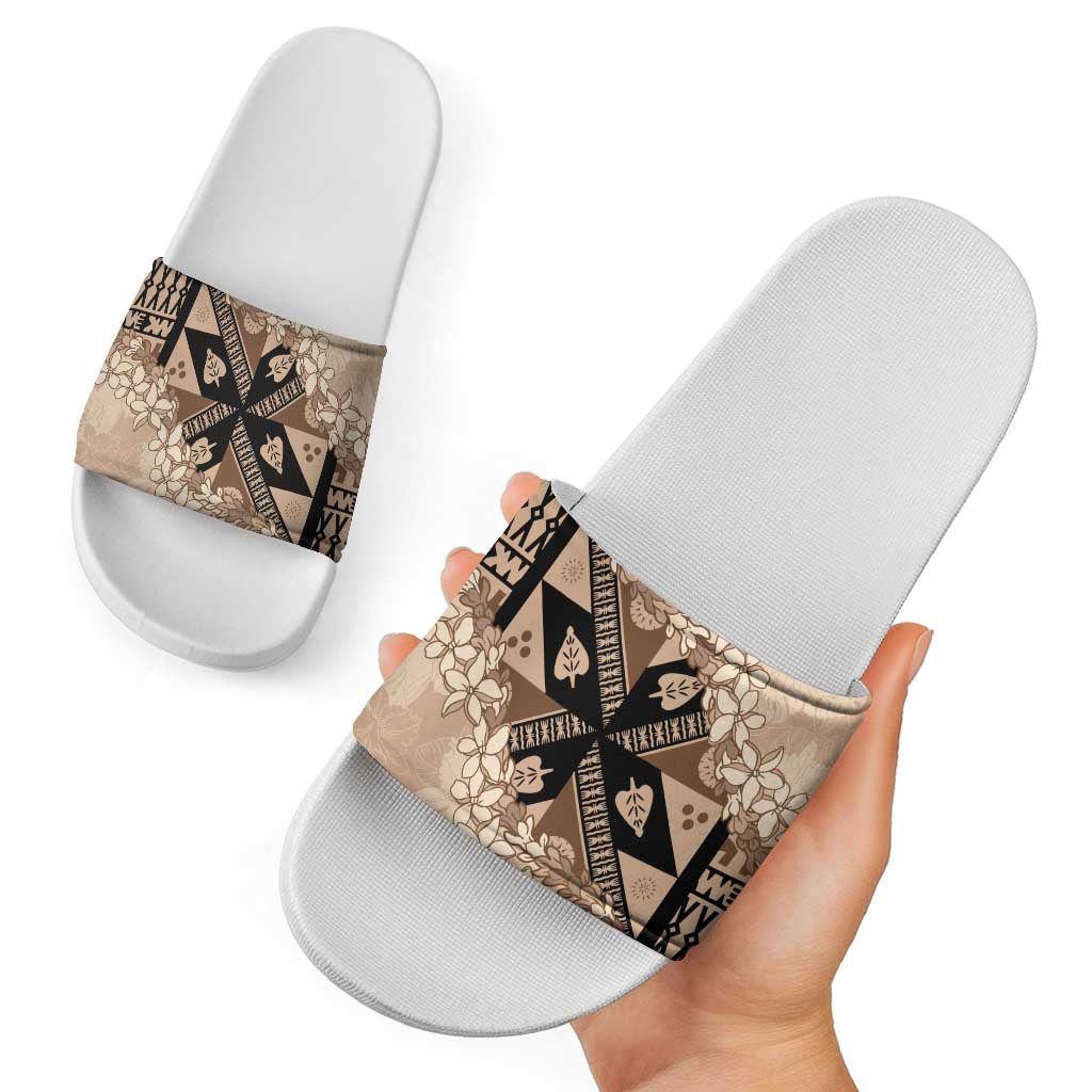 Bula Fiji Plumeria Tagimoucia Salusalu Beige Slide Sandals Kaiviti Masi - Polynesian Pride