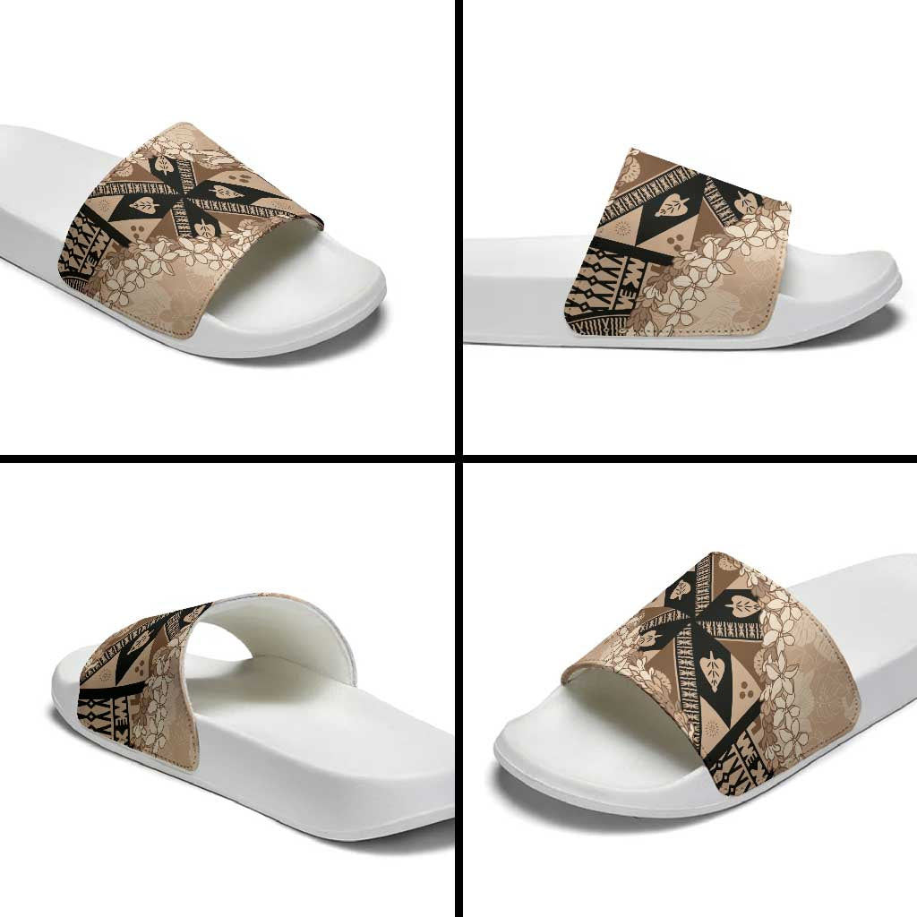 Bula Fiji Plumeria Tagimoucia Salusalu Beige Slide Sandals Kaiviti Masi - Polynesian Pride