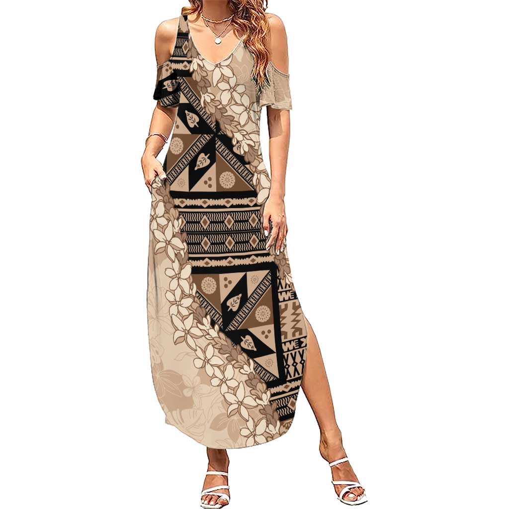 Bula Fiji Plumeria Tagimoucia Salusalu Beige Summer Maxi Dress Kaiviti Masi - Polynesian Pride