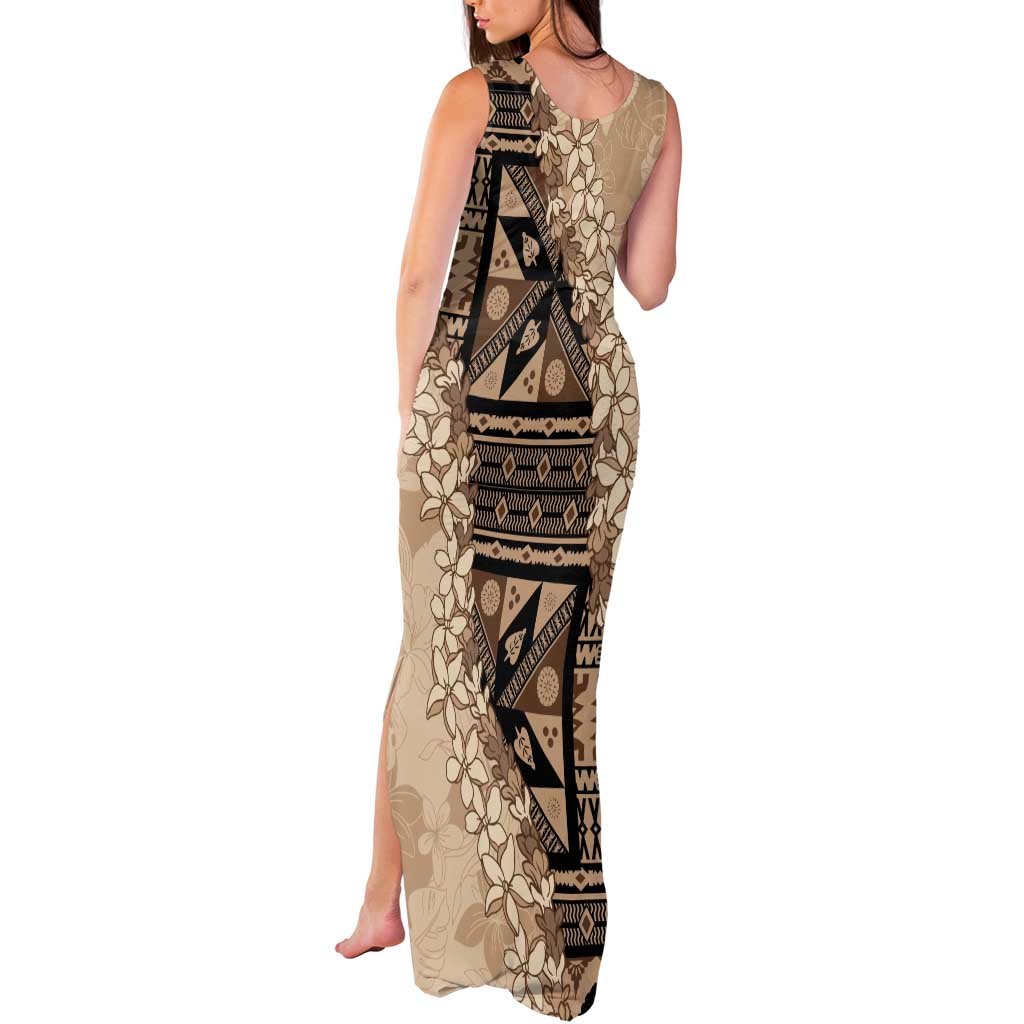 Bula Fiji Plumeria Tagimoucia Salusalu Beige Tank Maxi Dress Kaiviti Masi - Polynesian Pride