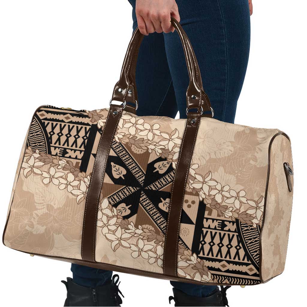 Bula Fiji Plumeria Tagimoucia Salusalu Beige Travel Bag Kaiviti Masi - Polynesian Pride