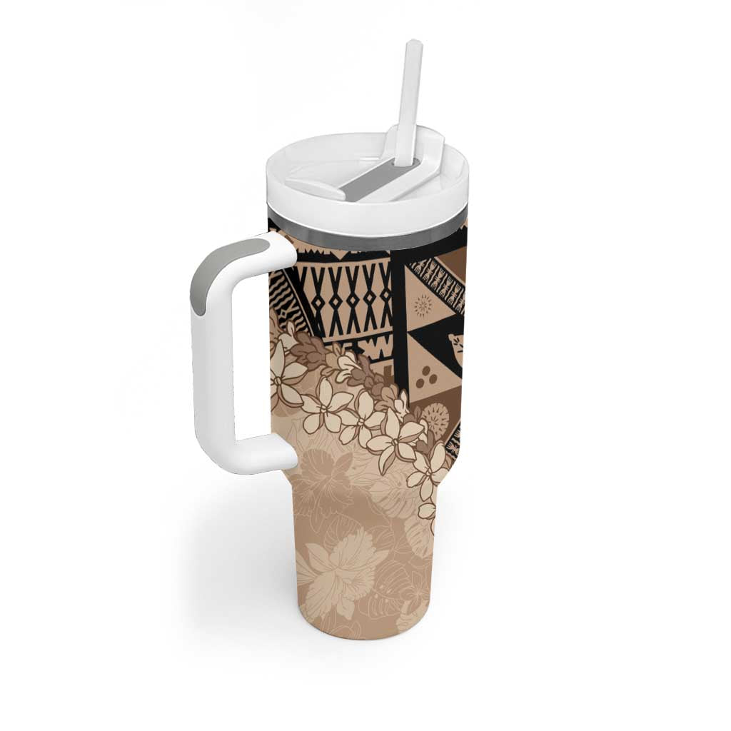 Bula Fiji Plumeria Tagimoucia Salusalu Beige Tumbler With Handle Kaiviti Masi - Polynesian Pride