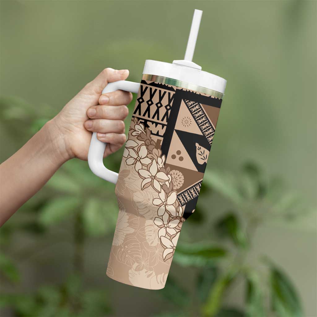 Bula Fiji Plumeria Tagimoucia Salusalu Beige Tumbler With Handle Kaiviti Masi - Polynesian Pride