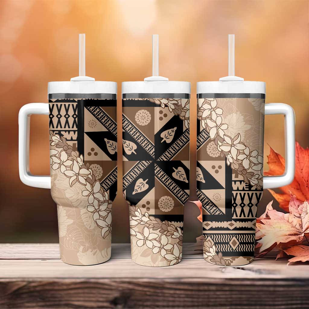 Bula Fiji Plumeria Tagimoucia Salusalu Beige Tumbler With Handle Kaiviti Masi - Polynesian Pride