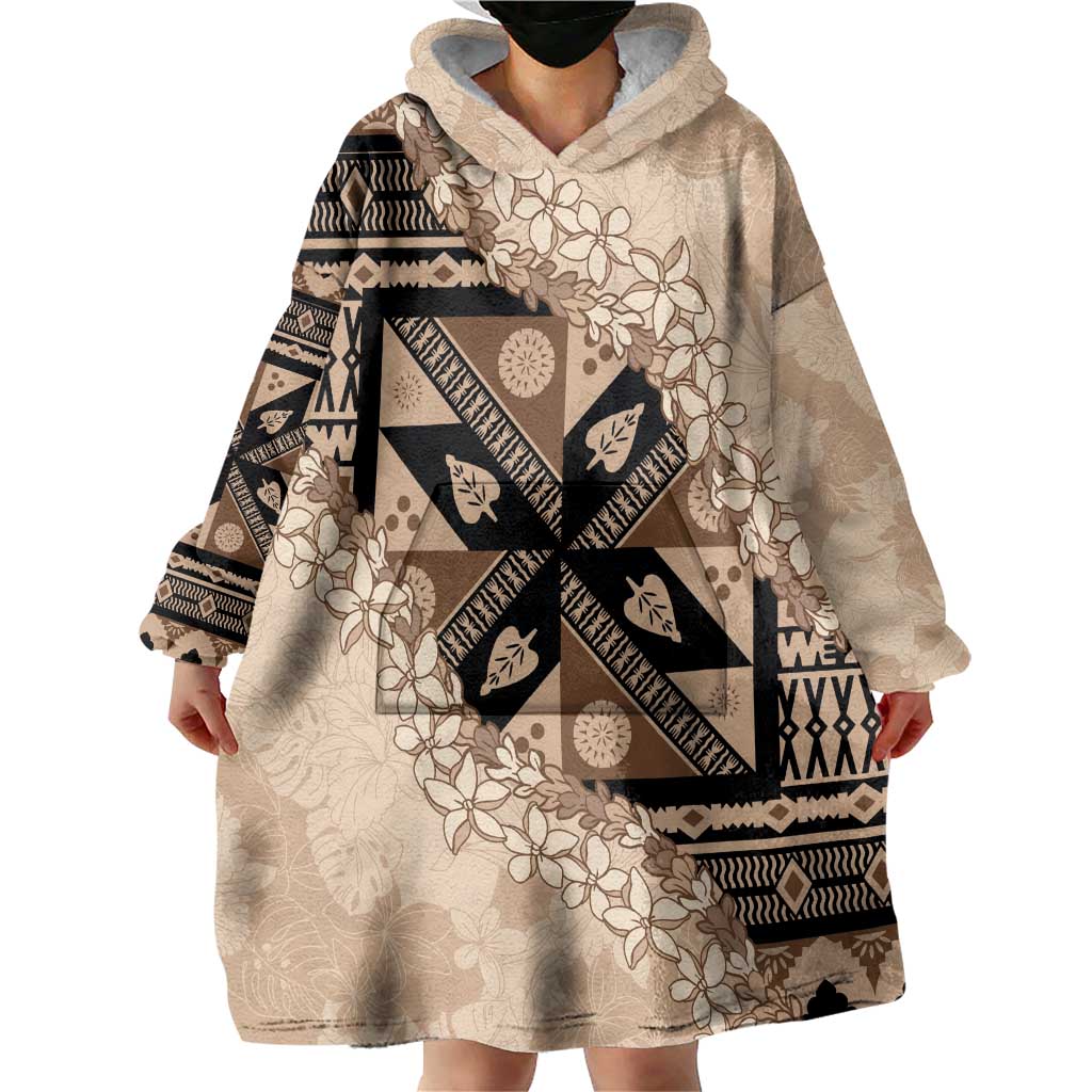 Bula Fiji Plumeria Tagimoucia Salusalu Beige Wearable Blanket Hoodie Kaiviti Masi - Polynesian Pride