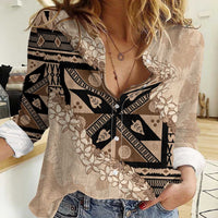 Bula Fiji Plumeria Tagimoucia Salusalu Beige Women Casual Shirt Kaiviti Masi - Polynesian Pride